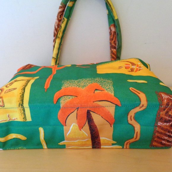 Cancun Beach Large Tote Bag Palm Tree Gecko Sun Fish Print Orange Yellow Green - Picture 5 of 5